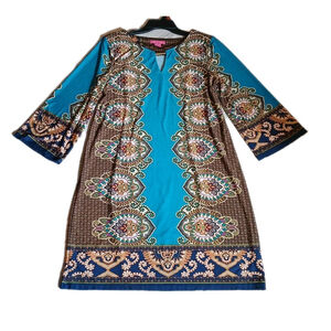 Sunny Leigh Paisley Mid Eastern 3/4 Sleeve Dress with Keyhole Neckline Lg Boho